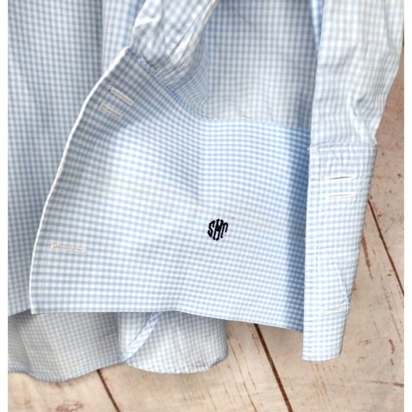 Charles Tyrwhitt London Blue Checkered French Cuff 17 1/2x36 Embroidered Shirt - Picture 5 of 12